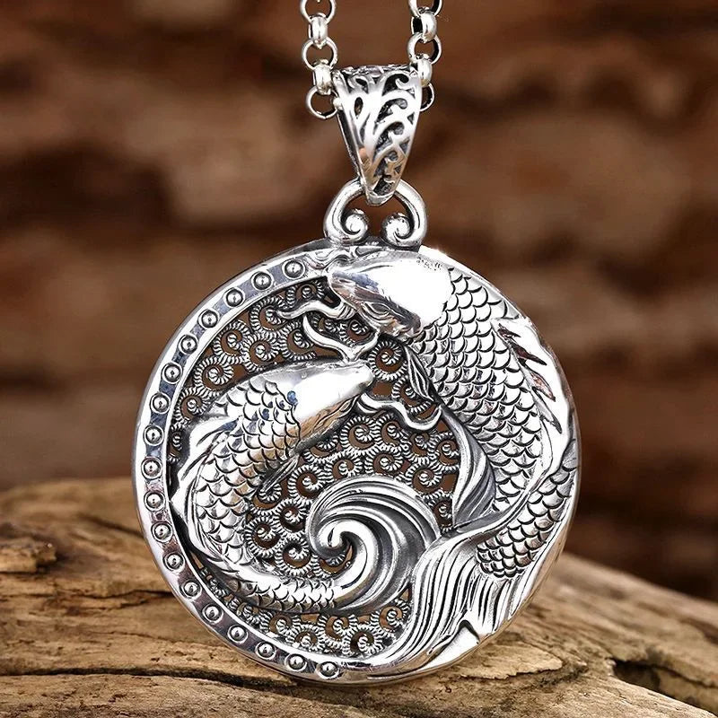 925 Silver National Style Glossy Double Fish Necklace for Men and Women New in Hollow Out Round Pendant Creative Vintage Jewelry