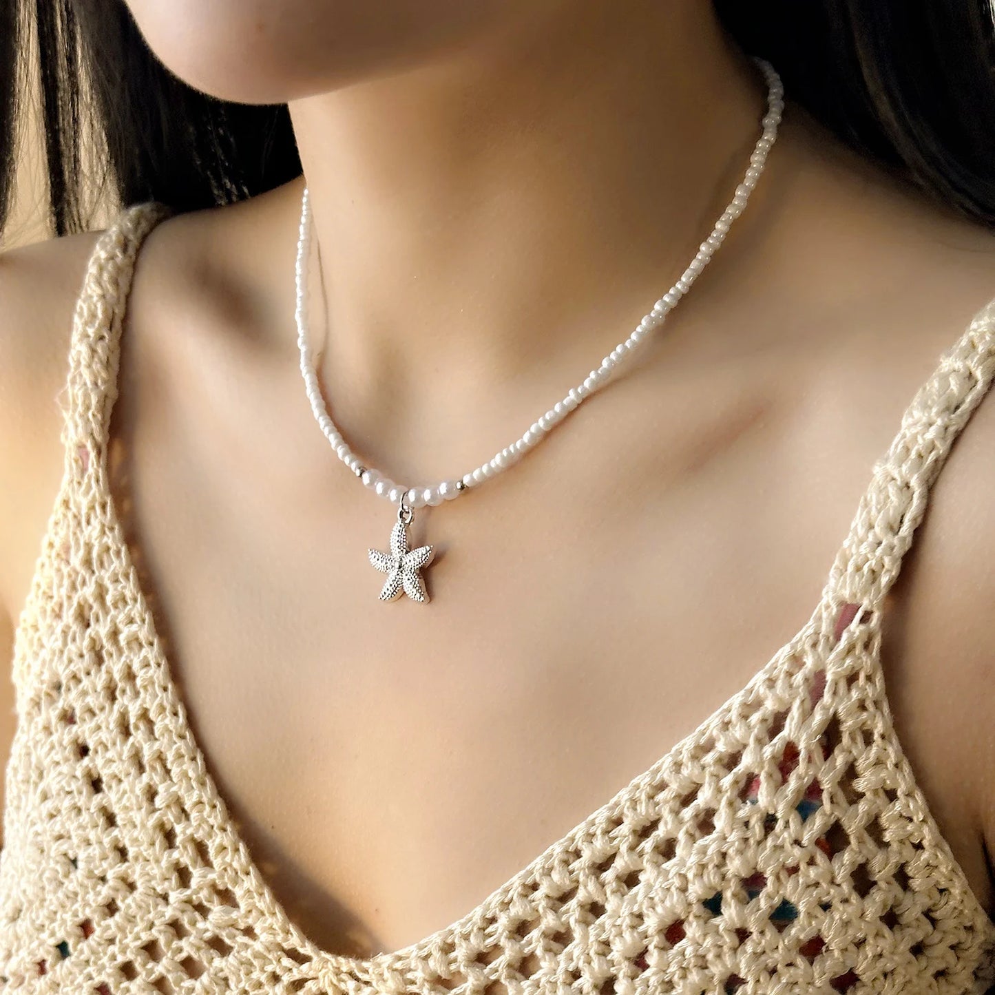 Bohemian Rice Beads Starfish Necklace | Pearl Beaded Choker | Summer Beach