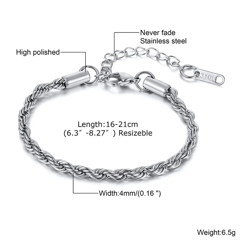 Unisex Rope Chain Bracelet | Stainless Steel Twisted Links | Women Men | USA