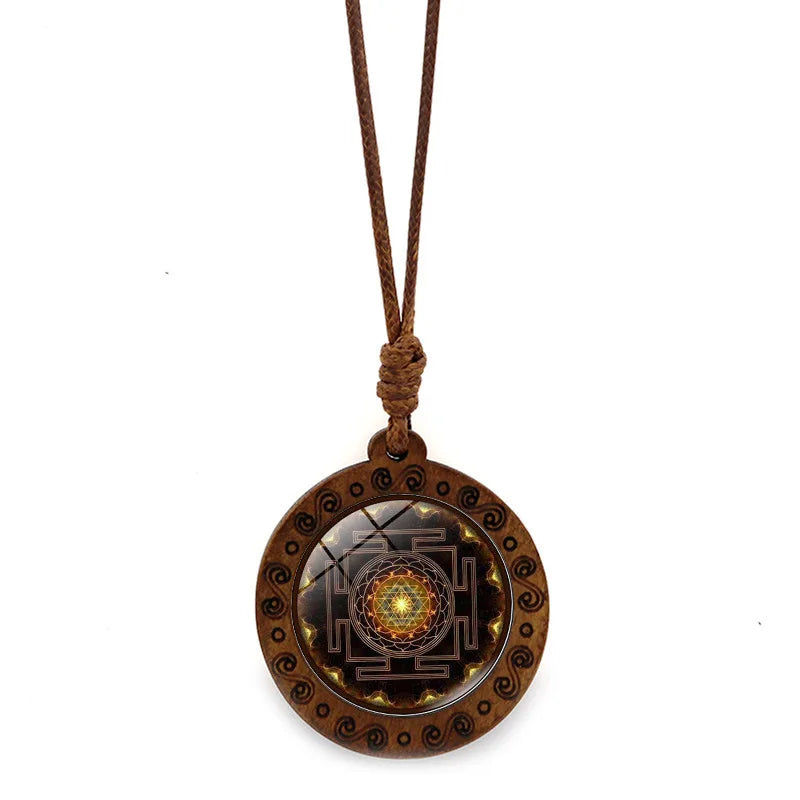 Vintage Archangel Metatron Cube Wooden Necklace | Sacred Geometry