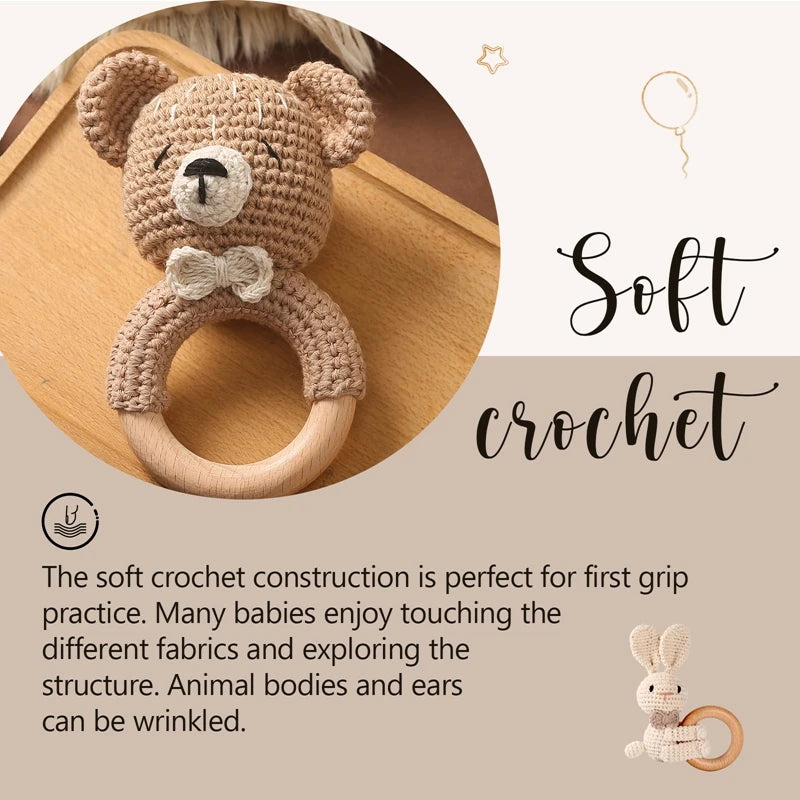 Crochet Bunny Rattle Teether | Wooden Ring Baby Gym Mobile | USA Australia