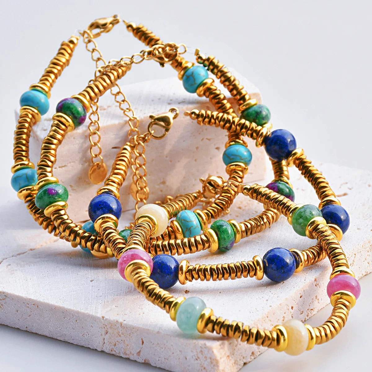 Natural Stone Beaded Bracelet | Colorful Bohemian Gold Chain | Women | USA