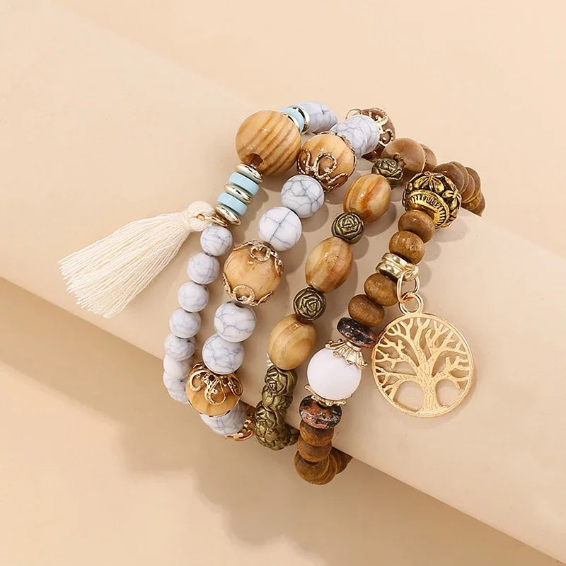 4-Piece Tree of Life Bracelet Set | Wooden Beaded Boho Bangles | USA Australia