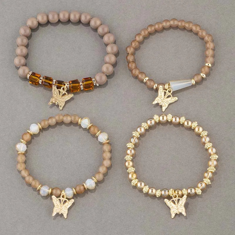 Butterfly Beaded Bracelet Set | 4 Piece Pink Bohemian Stack | USA Australia