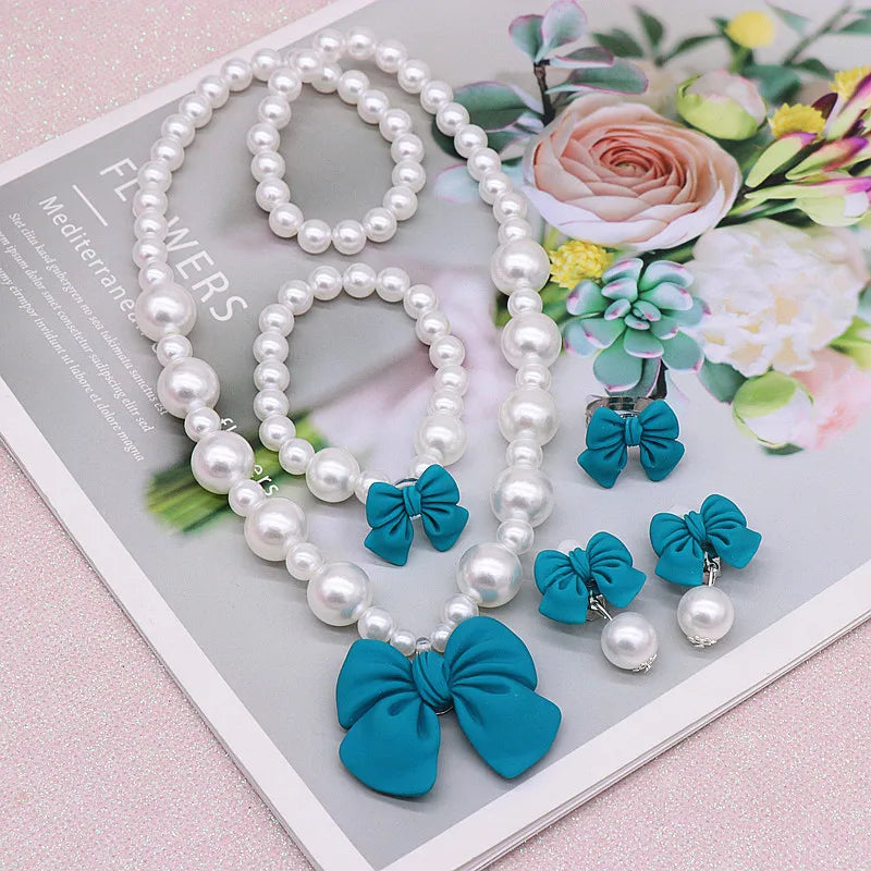 Bow Pearl Jewelry Set for Girls | Necklace Bracelet Earrings Ring | Student | USA