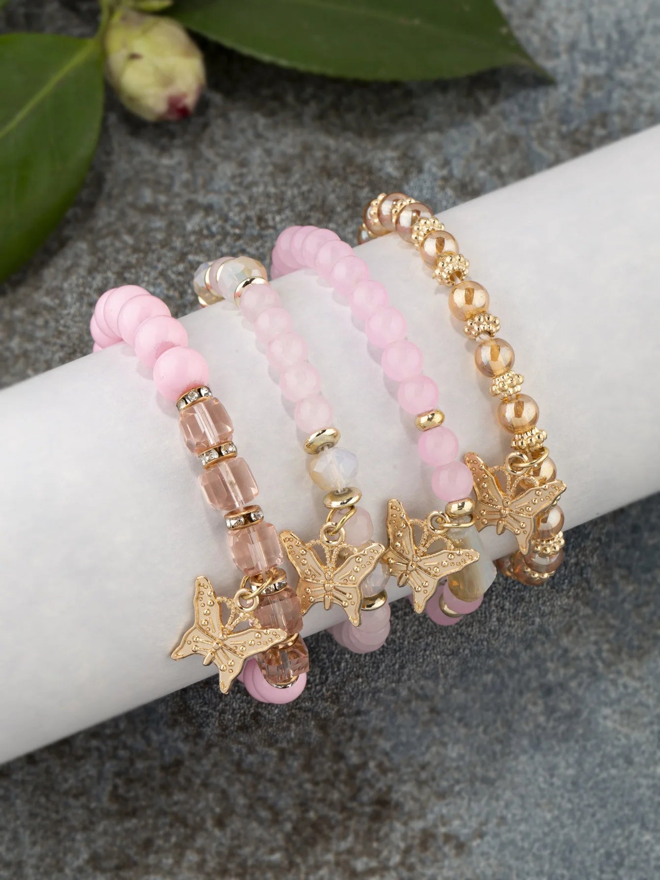 Butterfly Beaded Bracelet Set | 4 Piece Pink Bohemian Stack | USA Australia