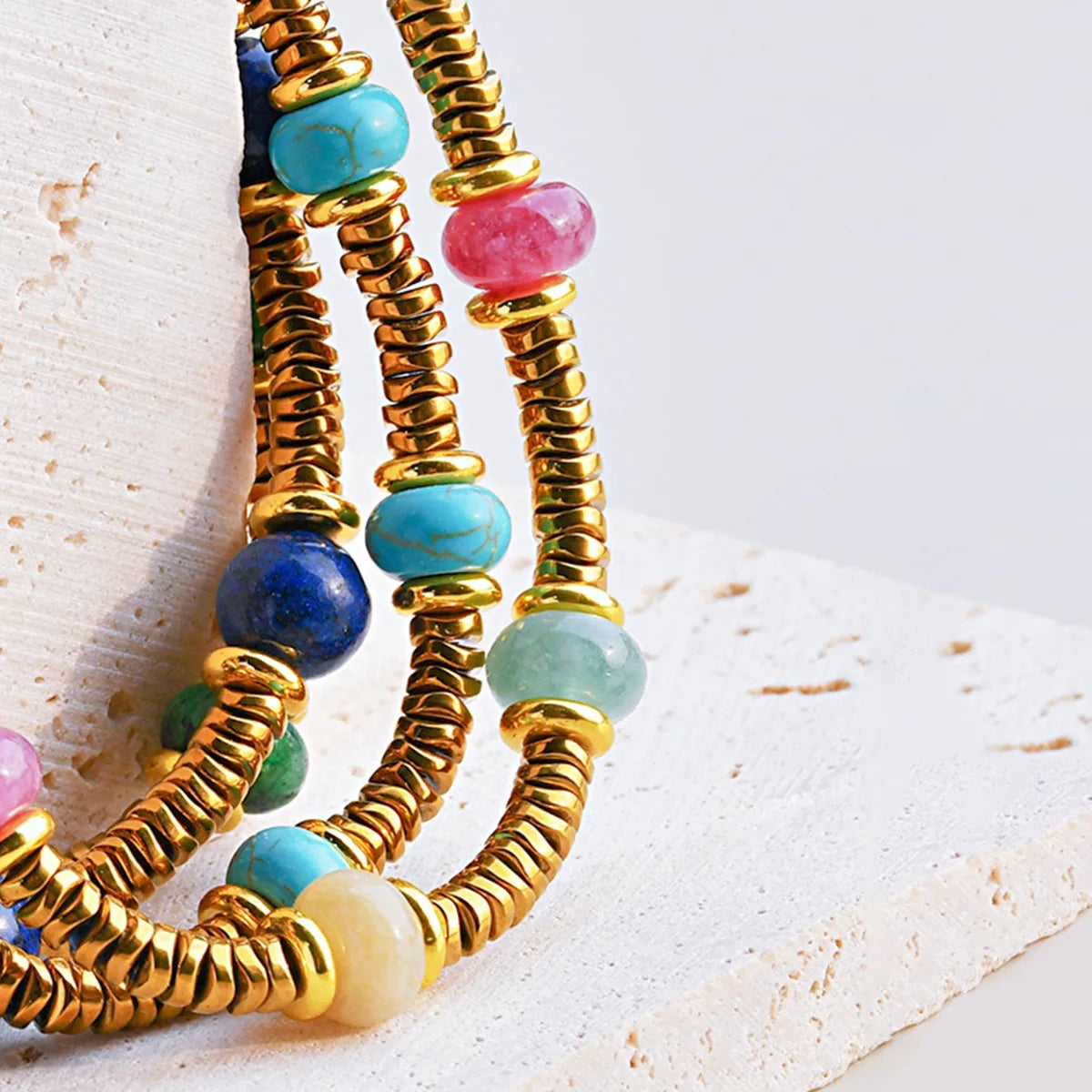 Natural Stone Beaded Bracelet | Colorful Bohemian Gold Chain | Women | USA