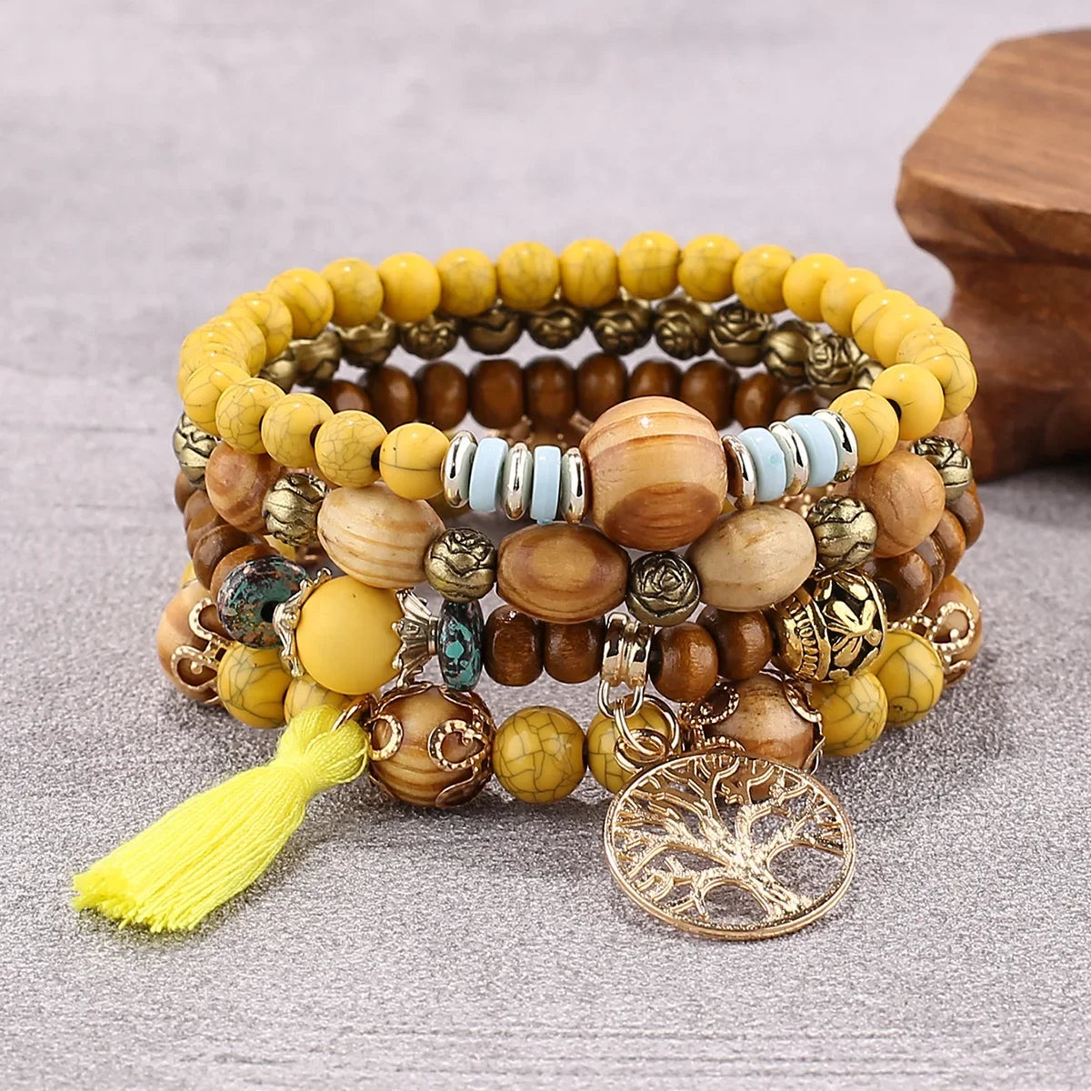4-Piece Tree of Life Bracelet Set | Wooden Beaded Boho Bangles | USA Australia