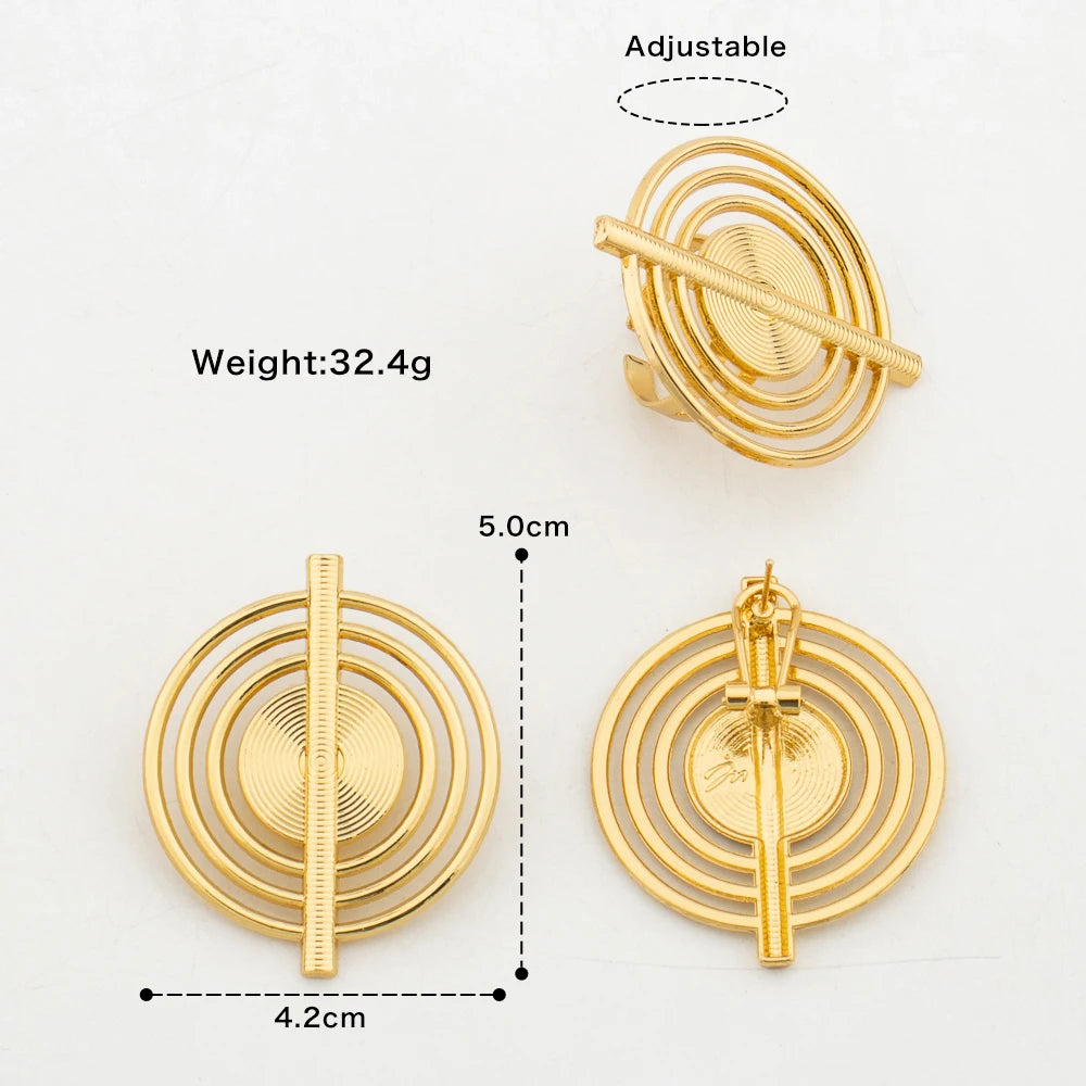 4sets Earrings with Ring Luxury Dubai African Gold Color Jewelry Sets for Women Weddings Bride Party Geometry Jewellry Accessory