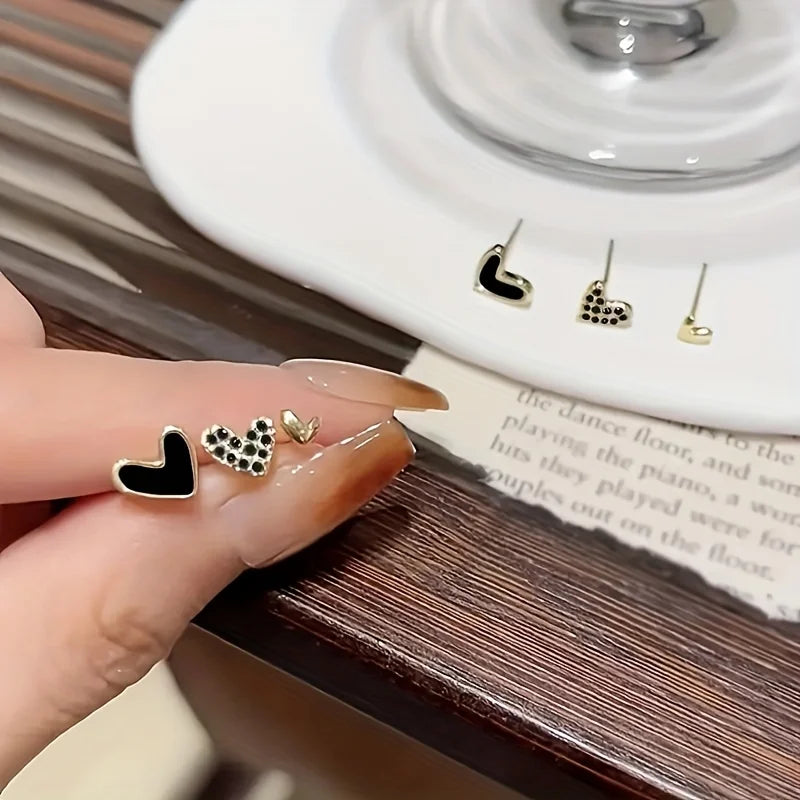 Rhinestone Heart Stud Earrings - Black & White Enamel Charm