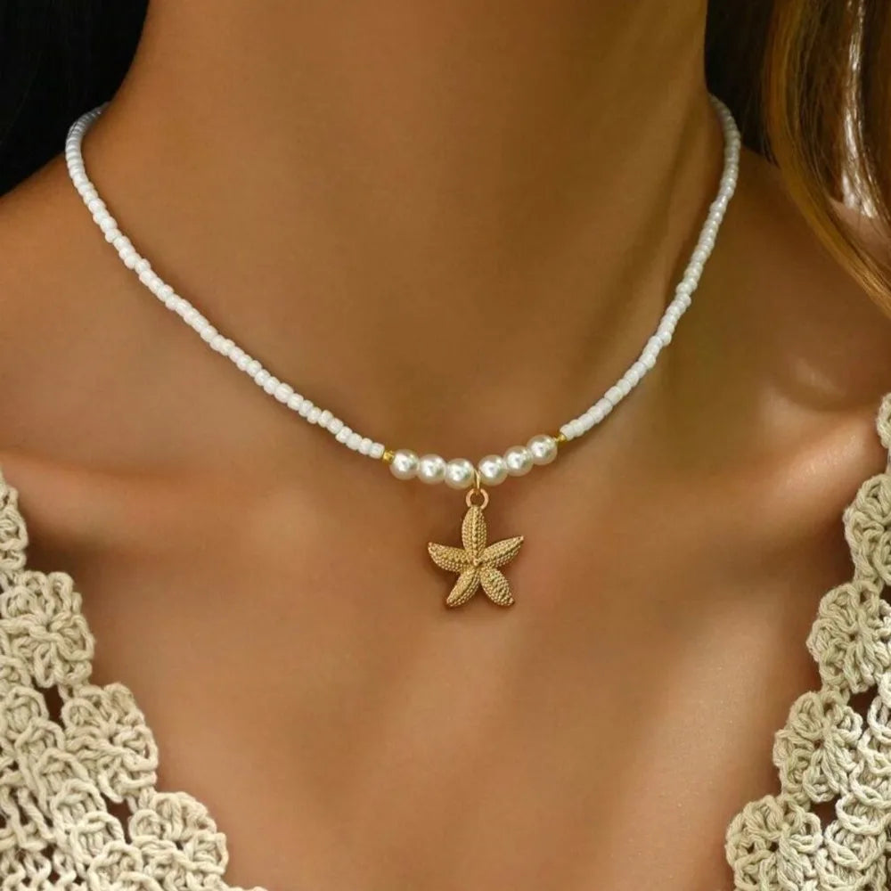 Bohemian Starfish Beach Necklace for Women | Pearl Beaded Choker | Summer | USA