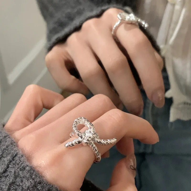 Sterling Silver Flower Bow Ring - Love Combination Adjustable Design