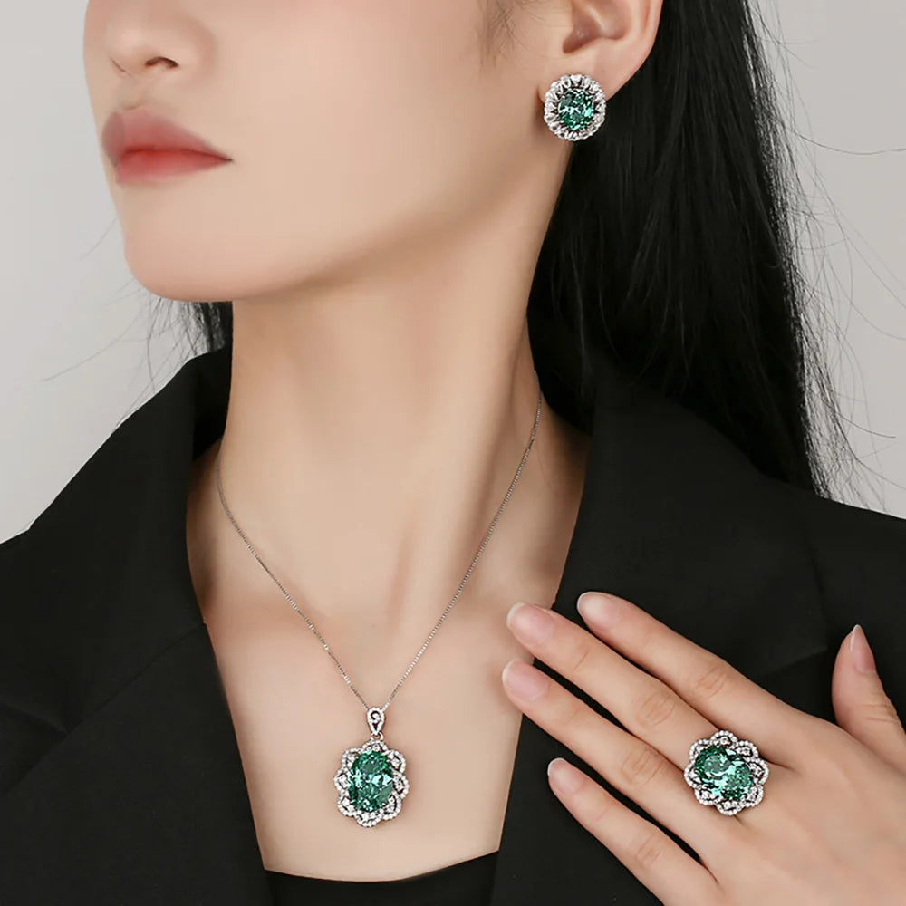 Sparkling Green Tourmaline Pendant Necklace Earrings Ring for Women Gemstone Cocktail Party Fine Jewelry Sets Anniversary Gift