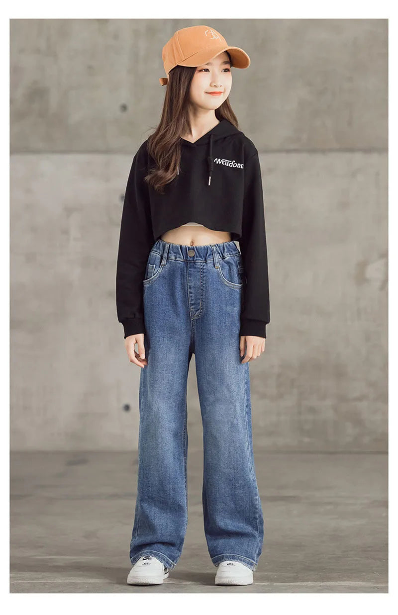 Spring Kids Jeans | Girls Solid Color Loose Wide Leg Pants | Ages 3-9 | USA