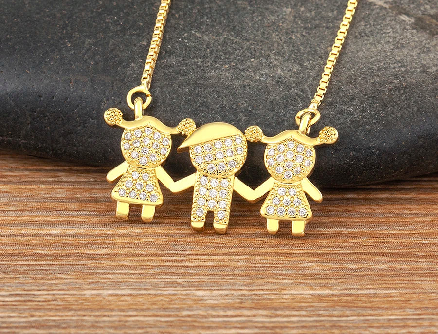 Nidin Gold Plated Family Pendant Necklace | AAA CZ Crystal Kids Jewelry | USA