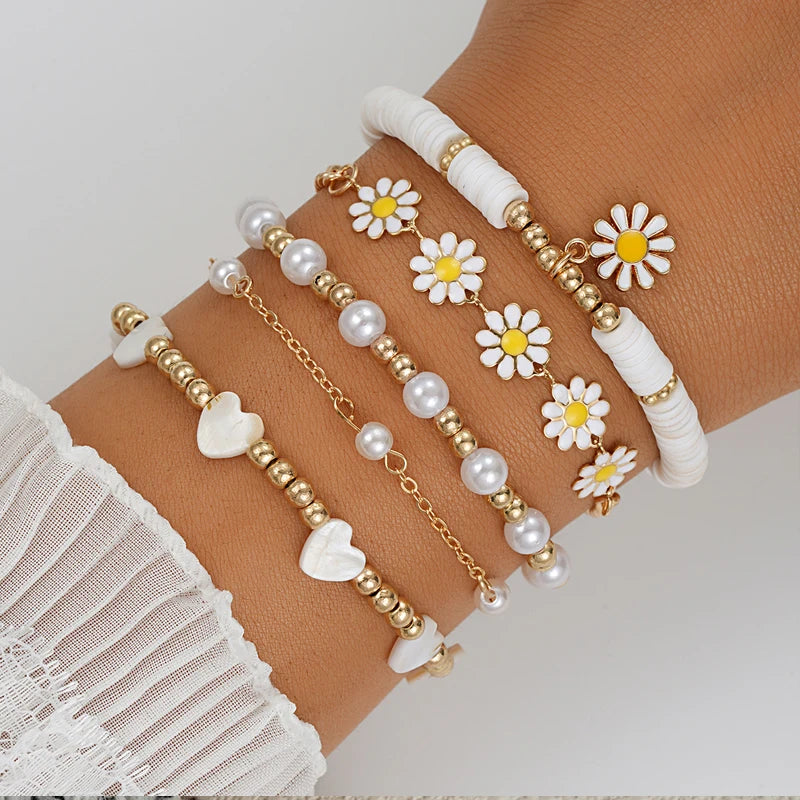10-Piece Vintage Bohemian Bracelet Set | Daisy Flower Pearl Bangles | USA