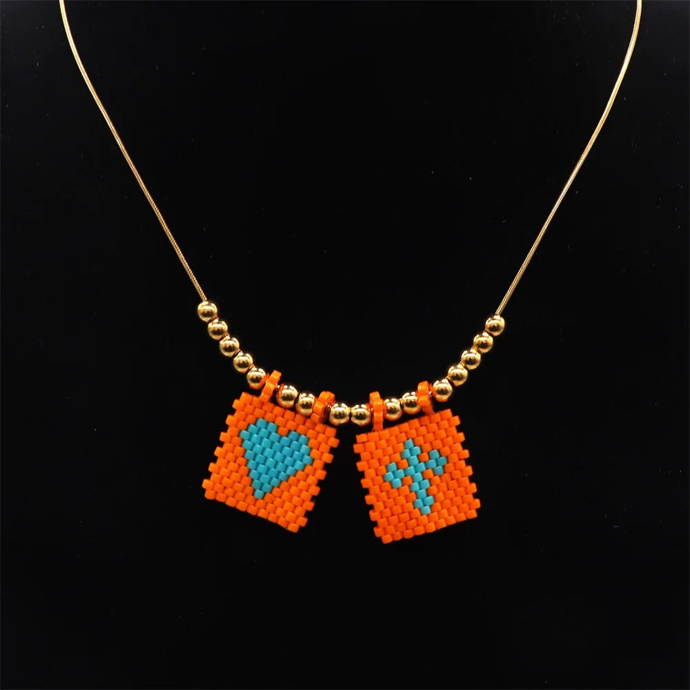 ZHONGVI Miyuki Heart Cross Pendant Necklace | Gold Plated Steel | Worldwide Shipping