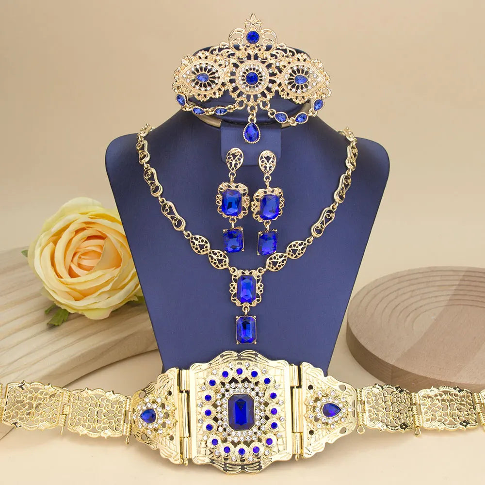 Sunspicems Gold Color Crystal Morocco Bride Jewelry Sets For Women Caftan Belt Waist Chain Charm Choker Necklace Square Earrings