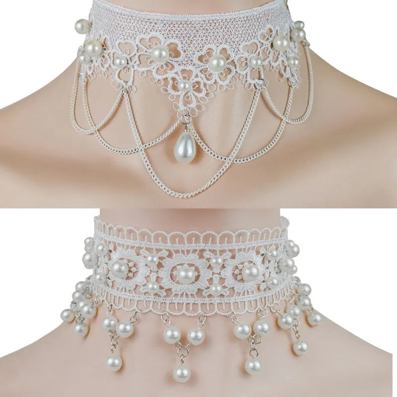 White Pearl Lace Necklace & Earrings Set | Lolita Fashion Accessories