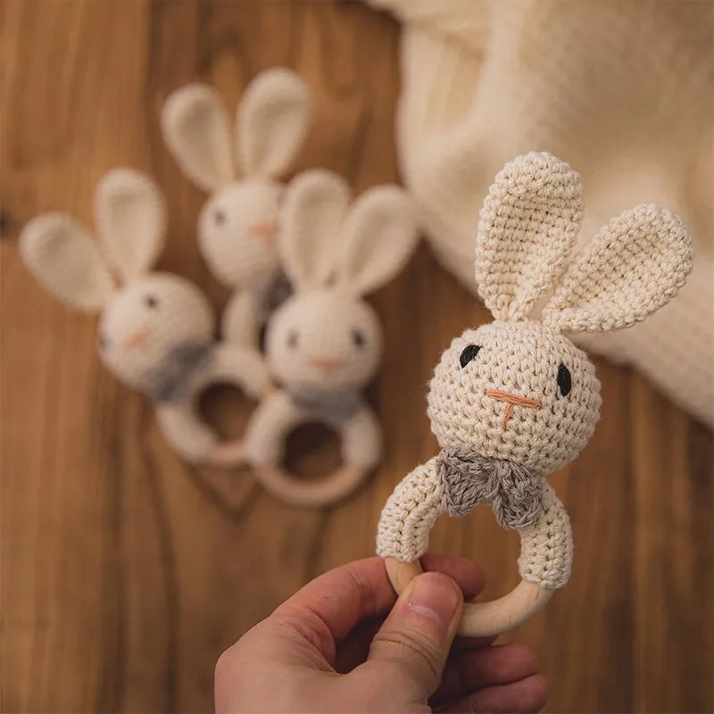 Crochet Bunny Rattle Teether | Wooden Ring Baby Gym Mobile | USA Australia