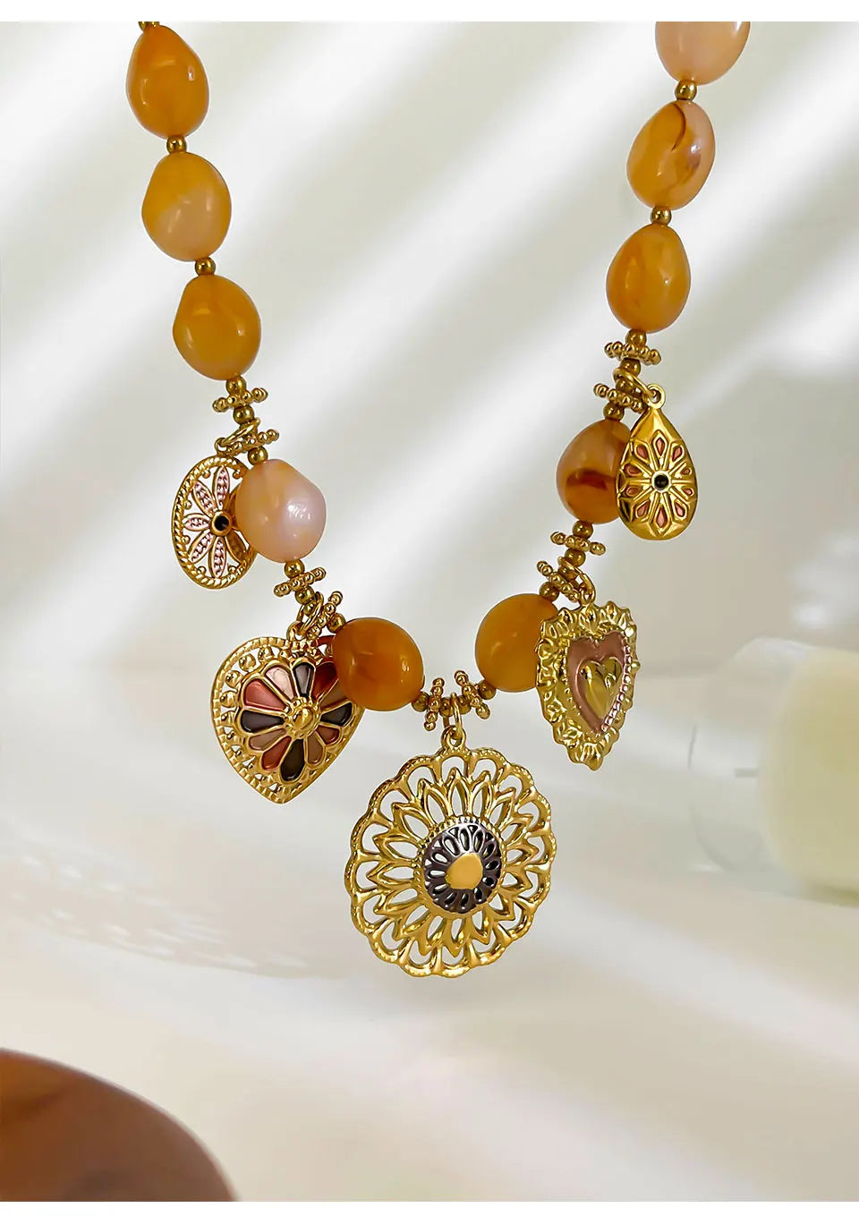 18K Gold Plated Heart Pendant Necklace | Resin Bead Chain | Women's Jewelry