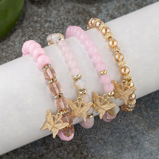Butterfly Beaded Bracelet Set | 4 Piece Pink Bohemian Stack | USA Australia