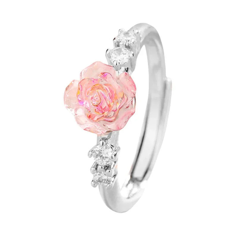 Rose Flower Sterling Silver Ring | Adjustable Pink Zircon Floral Band | USA