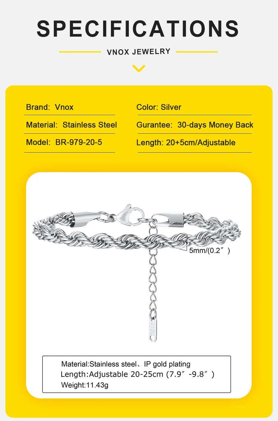 Unisex Rope Chain Bracelet | Stainless Steel Twisted Links | Women Men | USA