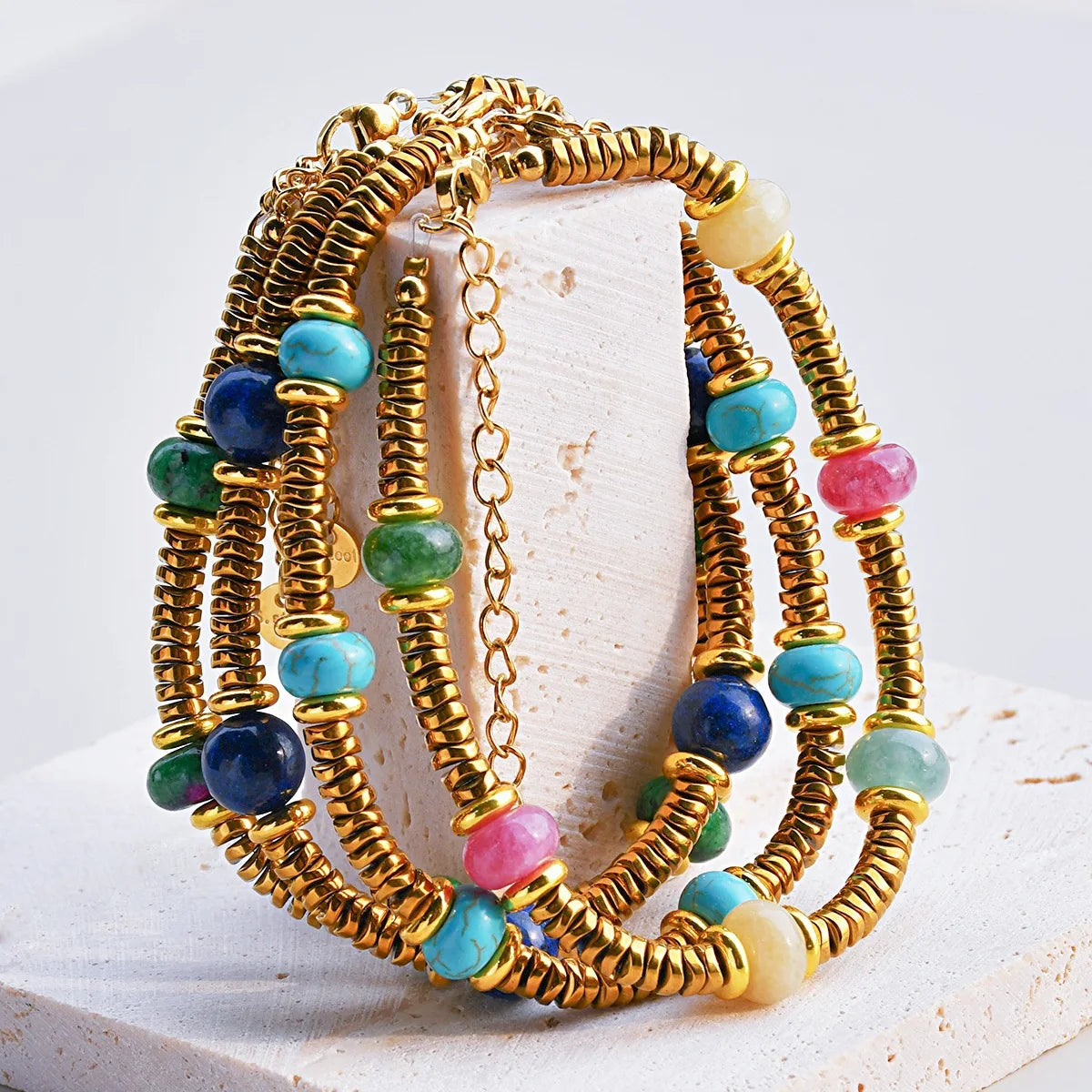 Natural Stone Beaded Bracelet | Colorful Bohemian Gold Chain | Women | USA