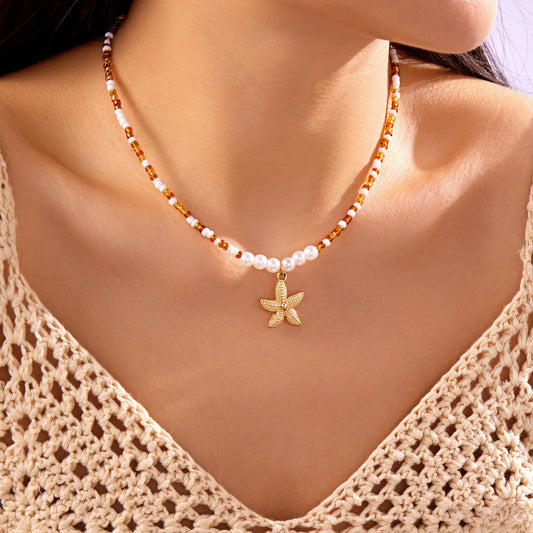 Bohemian Rice Beads Starfish Necklace | Pearl Beaded Choker | Summer Beach
