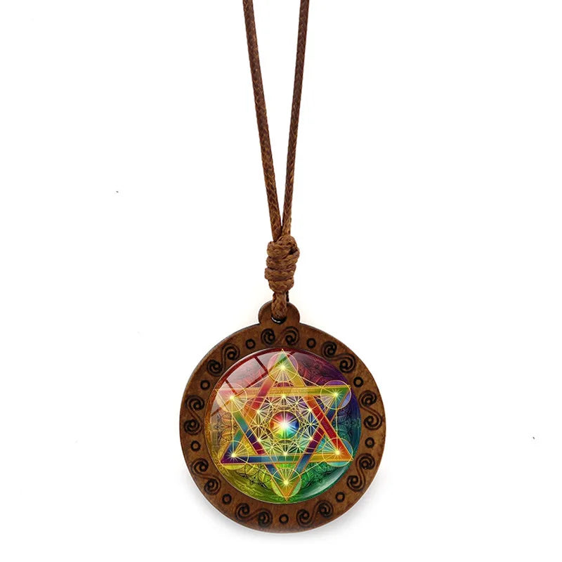 Vintage Archangel Metatron Cube Wooden Necklace | Sacred Geometry