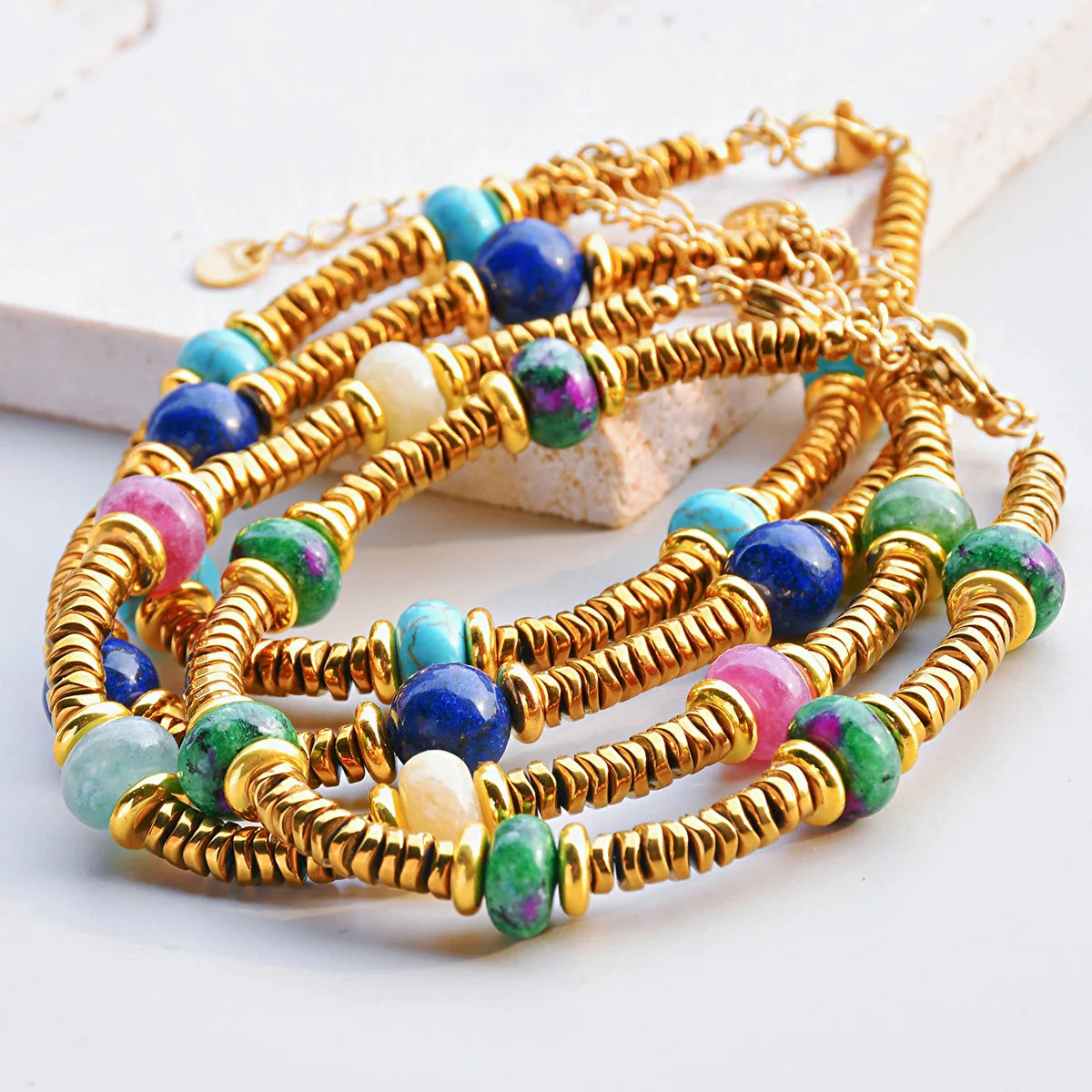 Natural Stone Beaded Bracelet | Colorful Bohemian Gold Chain | Women | USA