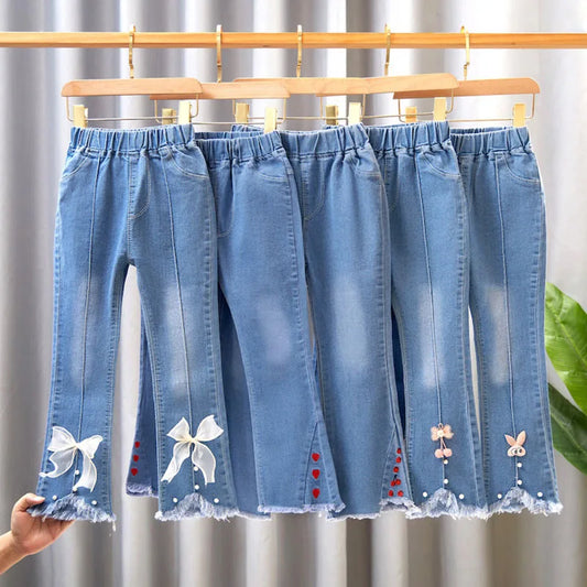 2024 Autumn Elastic Kids Jeans | Girls Cute Bow Denim Flared Pants | Ages 3-12 | USA