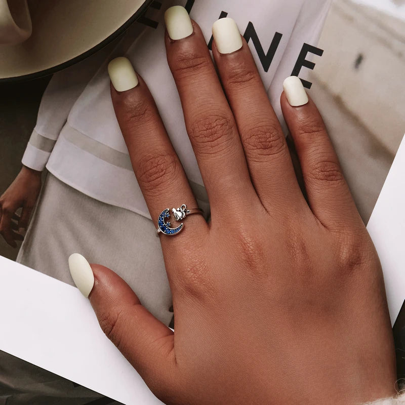 Moon & Cat Sterling Silver Ring | Blue Zircon Adjustable Animal Design | USA