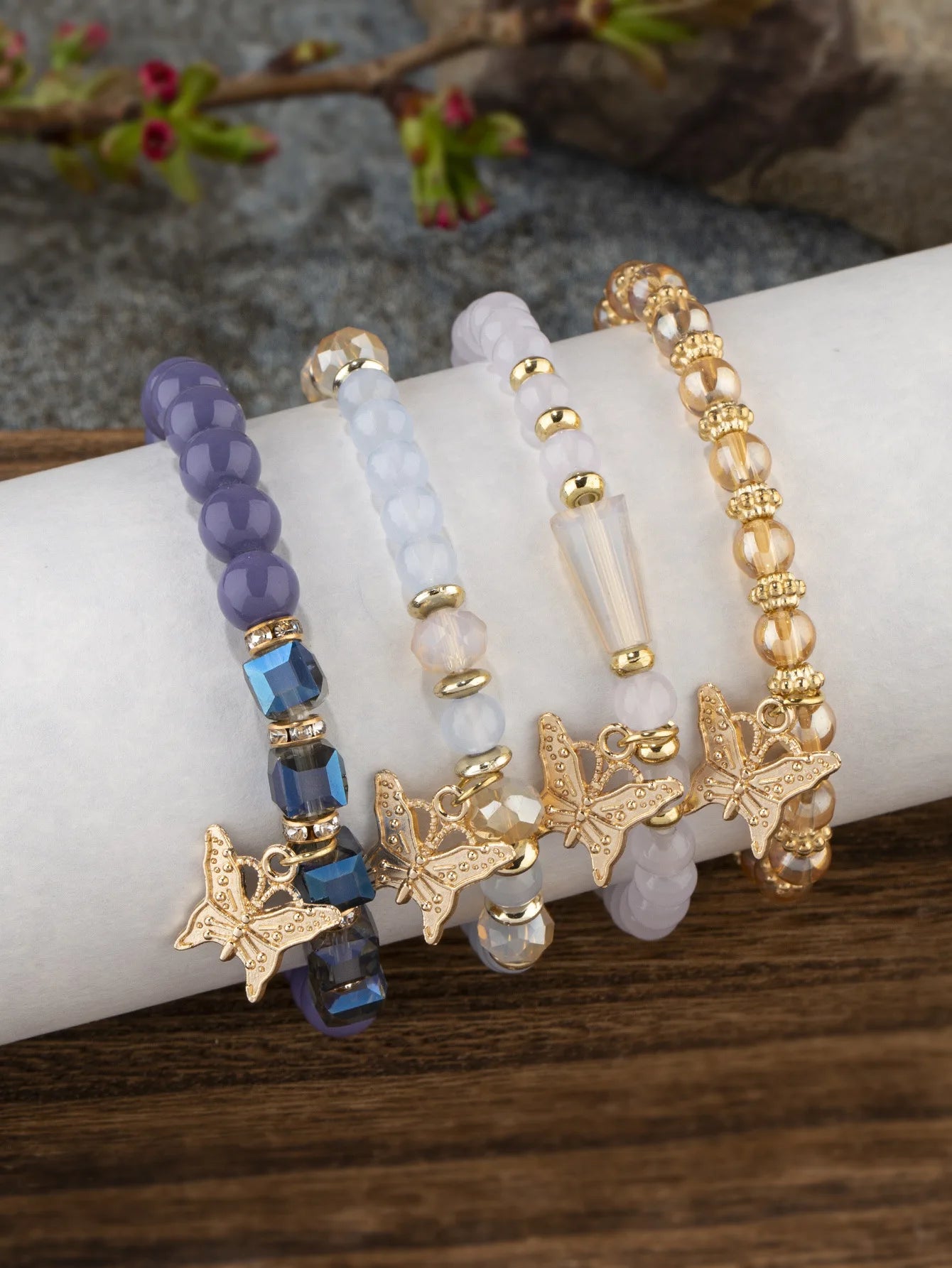 Butterfly Beaded Bracelet Set | 4 Piece Pink Bohemian Stack | USA Australia