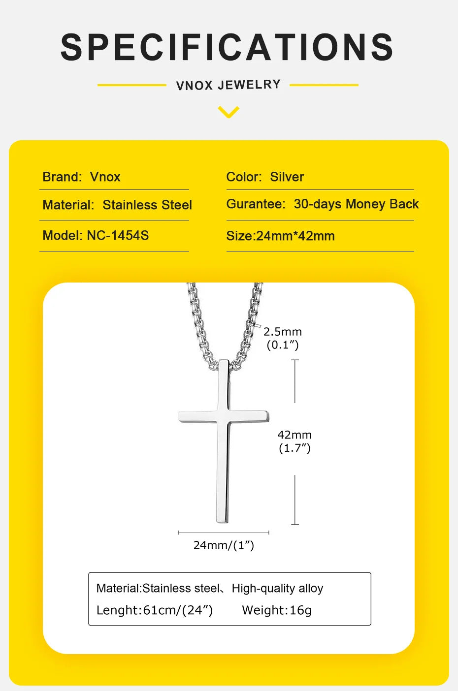 Stainless Steel Cross Necklace | Unisex Silver Pendant | Women Men | USA