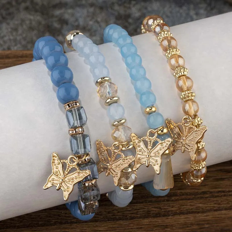Butterfly Beaded Bracelet Set | 4 Piece Pink Bohemian Stack | USA Australia