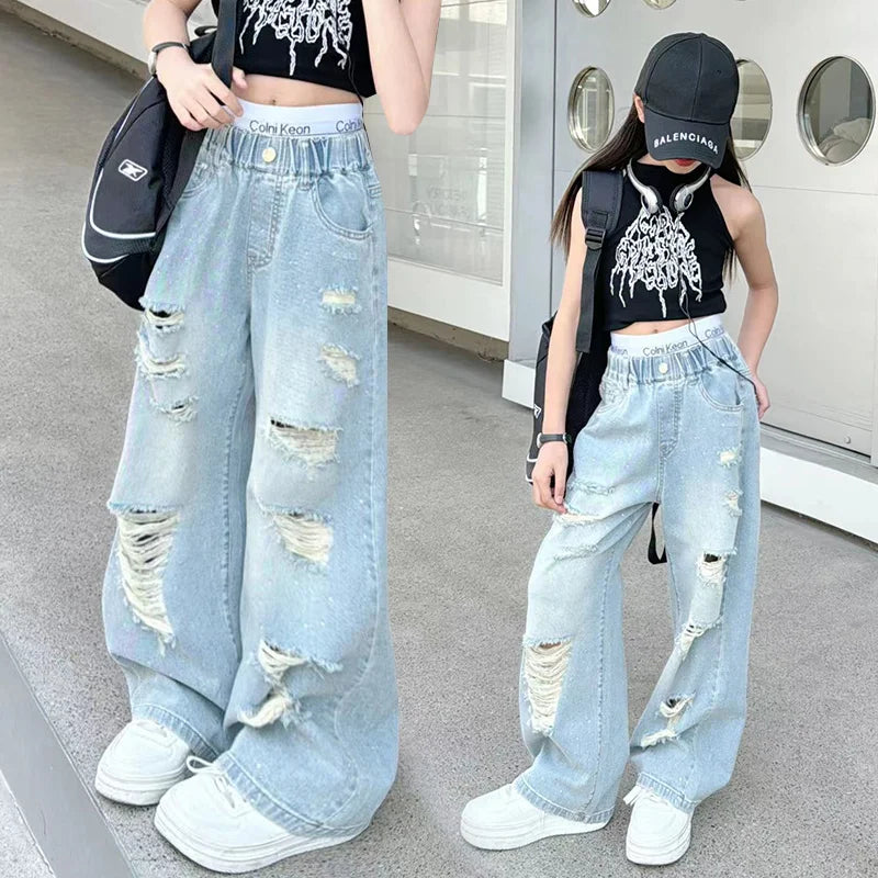 Kids Girls High Fashion Ripped Jeans | Destroyed Denim Pants | Ages 5-14 | USA