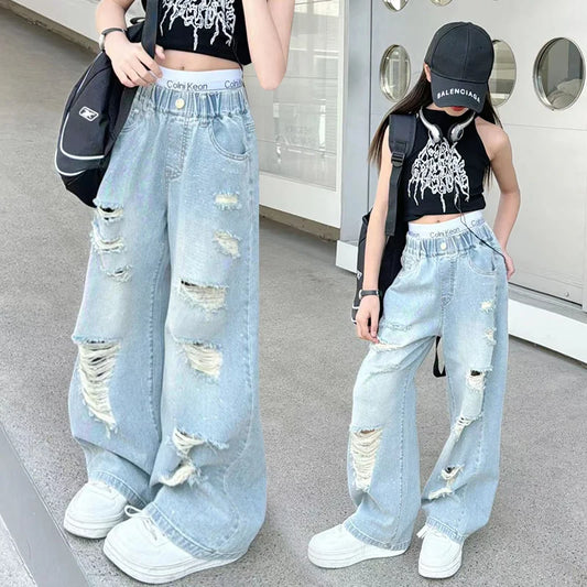Kids Girls High Fashion Ripped Jeans | Destroyed Denim Pants | Ages 5-14 | USA