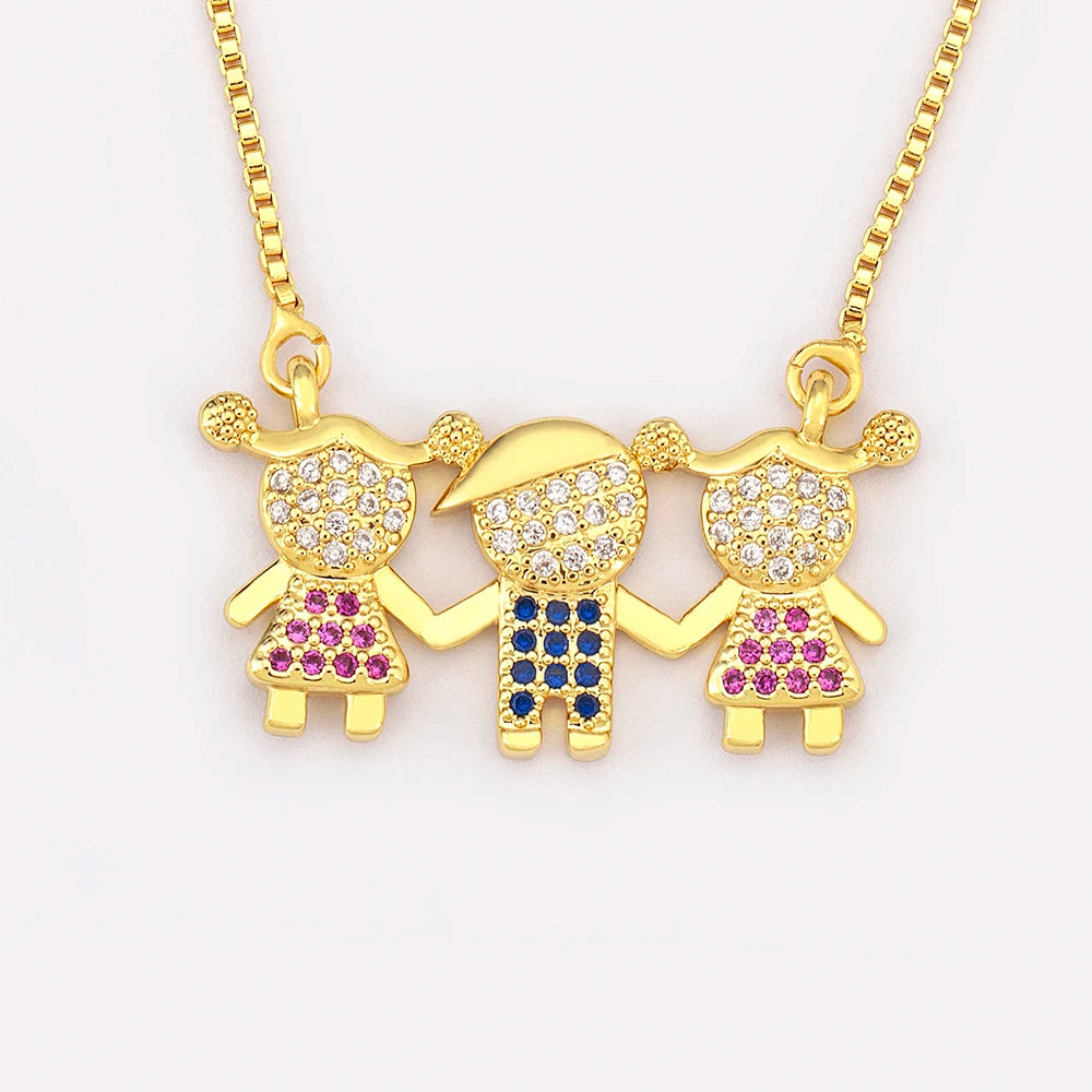 Nidin Gold Plated Family Pendant Necklace | AAA CZ Crystal Kids Jewelry | USA