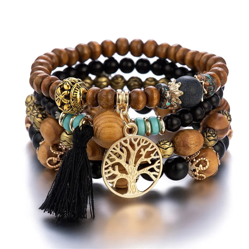 4-Piece Tree of Life Bracelet Set | Wooden Beaded Boho Bangles | USA Australia