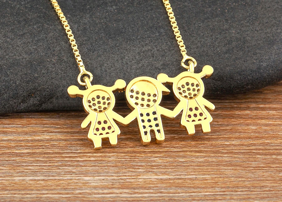 Nidin Gold Plated Family Pendant Necklace | AAA CZ Crystal Kids Jewelry | USA