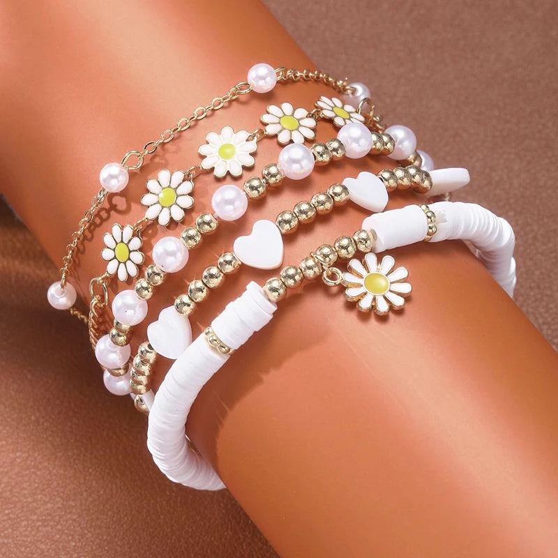 10-Piece Vintage Bohemian Bracelet Set | Daisy Flower Pearl Bangles | USA
