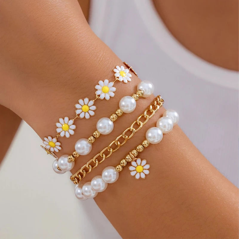 10-Piece Vintage Bohemian Bracelet Set | Daisy Flower Pearl Bangles | USA