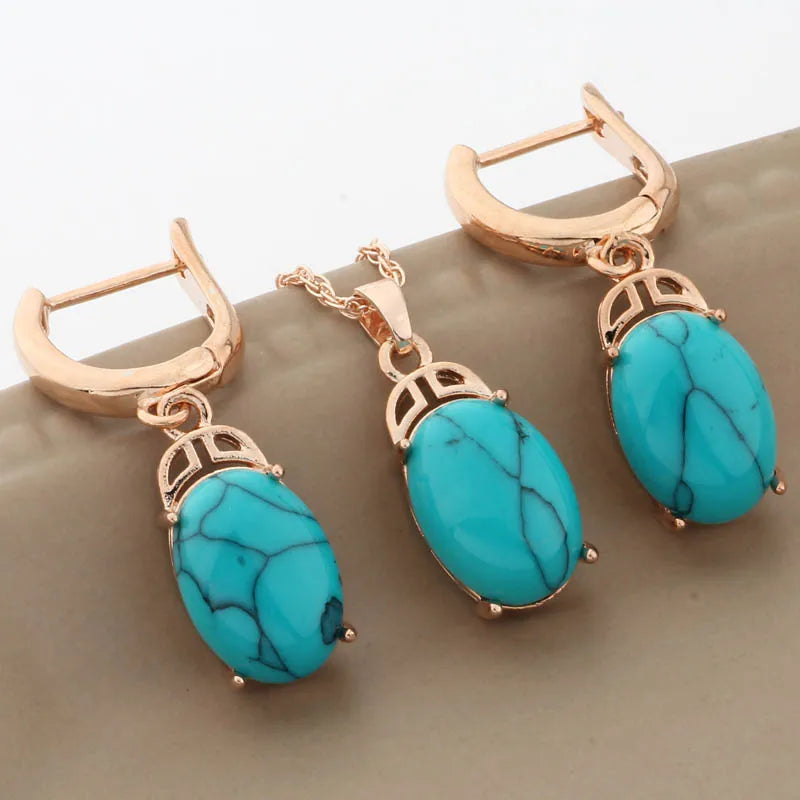 Luxury 585 Rose Gold Color Wedding Jewelry Sets Natural Stone Jewelry Set High Quality Dangle Earring Necklace Sets Gifts