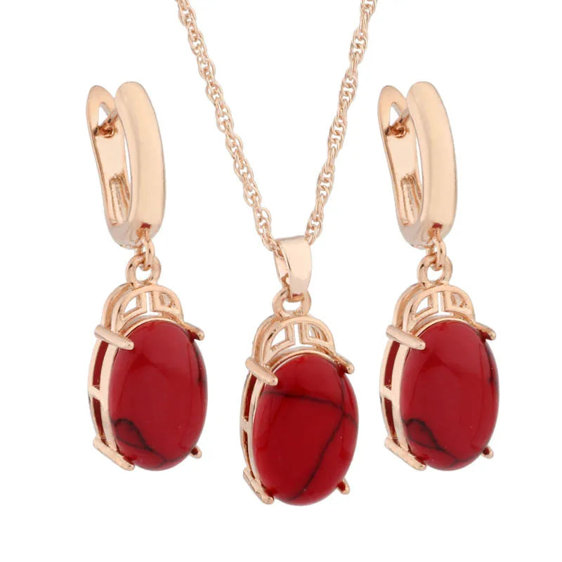Luxury 585 Rose Gold Color Wedding Jewelry Sets Natural Stone Jewelry Set High Quality Dangle Earring Necklace Sets Gifts