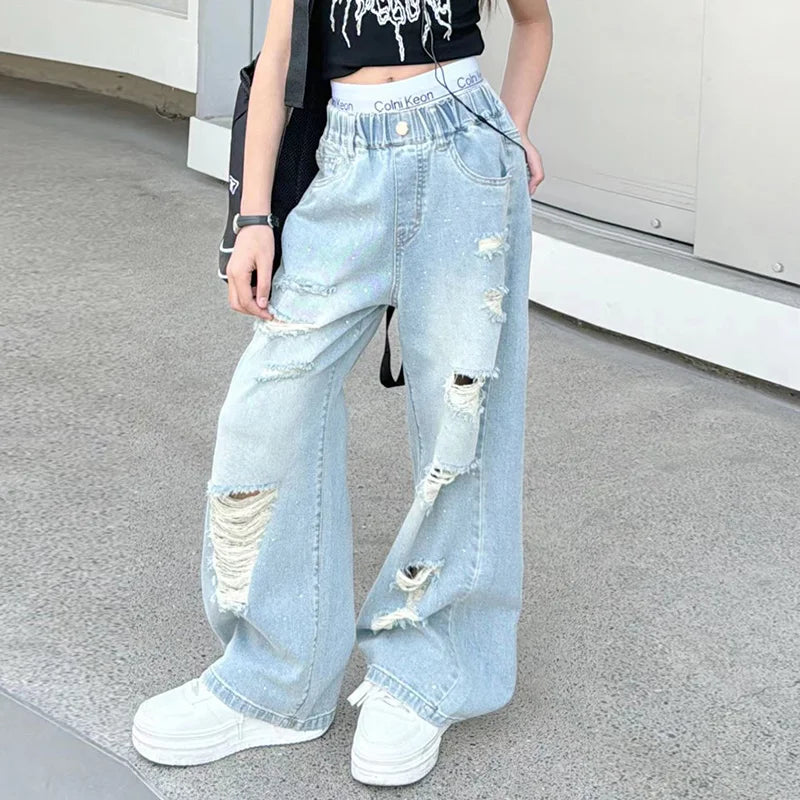 Kids Girls High Fashion Ripped Jeans | Destroyed Denim Pants | Ages 5-14 | USA