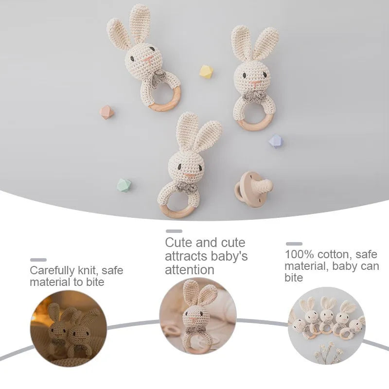 Wooden Elephant Rattle Teether | Crochet Baby Toy Montessori | USA Australia