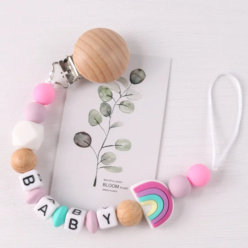 Custom Name Pacifier Holder Chain | Wooden Clip Silicone Teether | USA Australia