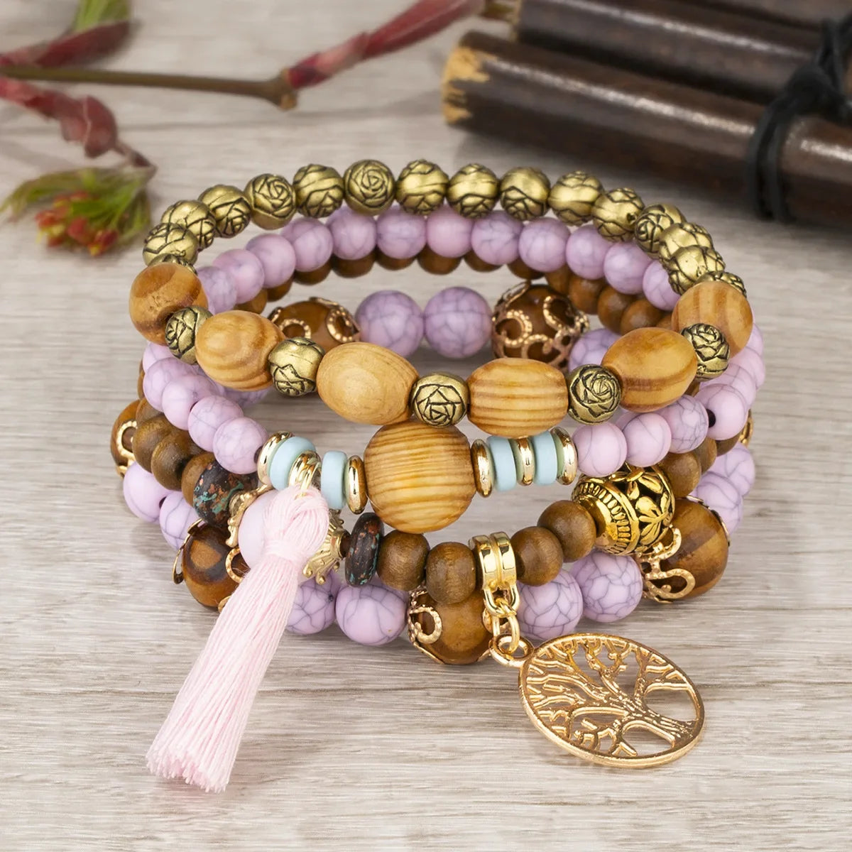 4-Piece Tree of Life Bracelet Set | Wooden Beaded Boho Bangles | USA Australia